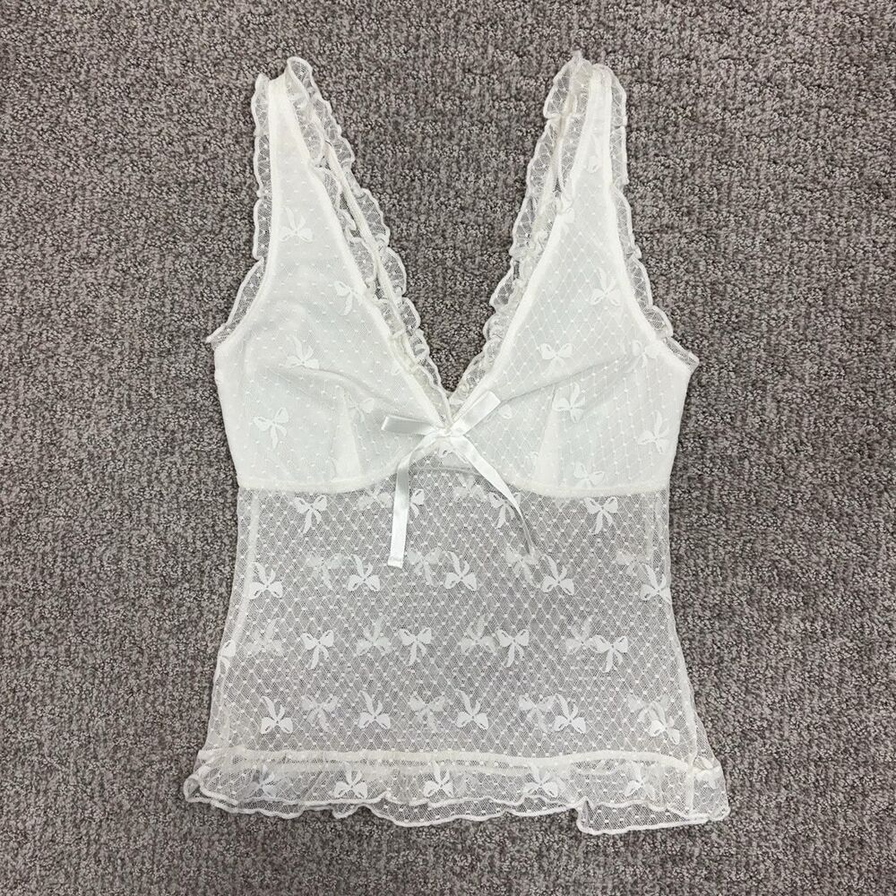 Kimchi Blue Babydoll Top Womens Small White Lace Sheer Cami Bow Coquette Tank